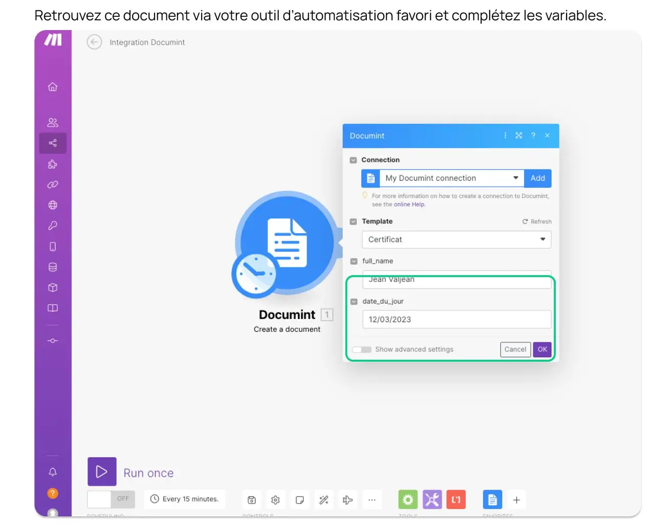 Le module Documint dans Make, relie au modele, ses deux variables a completer.