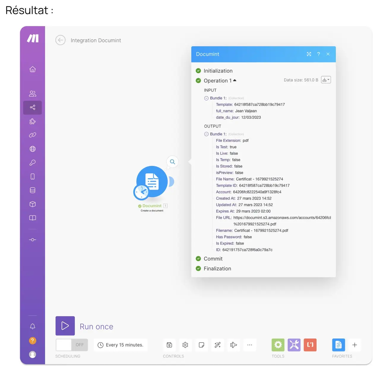 Le resultat de l'execution dans Make, avec le lien du PDF produit.