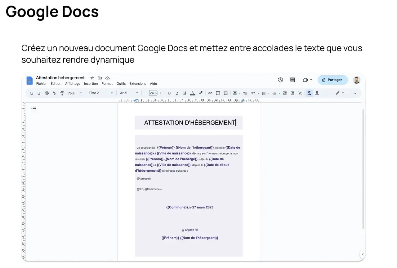 Un document Google Docs dont les valeurs a remplacer sont ecrites entre accolades.