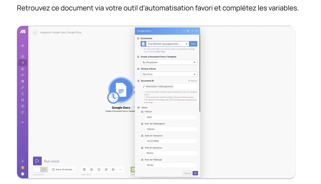 Le module Google Docs dans Make, relie au document modele.