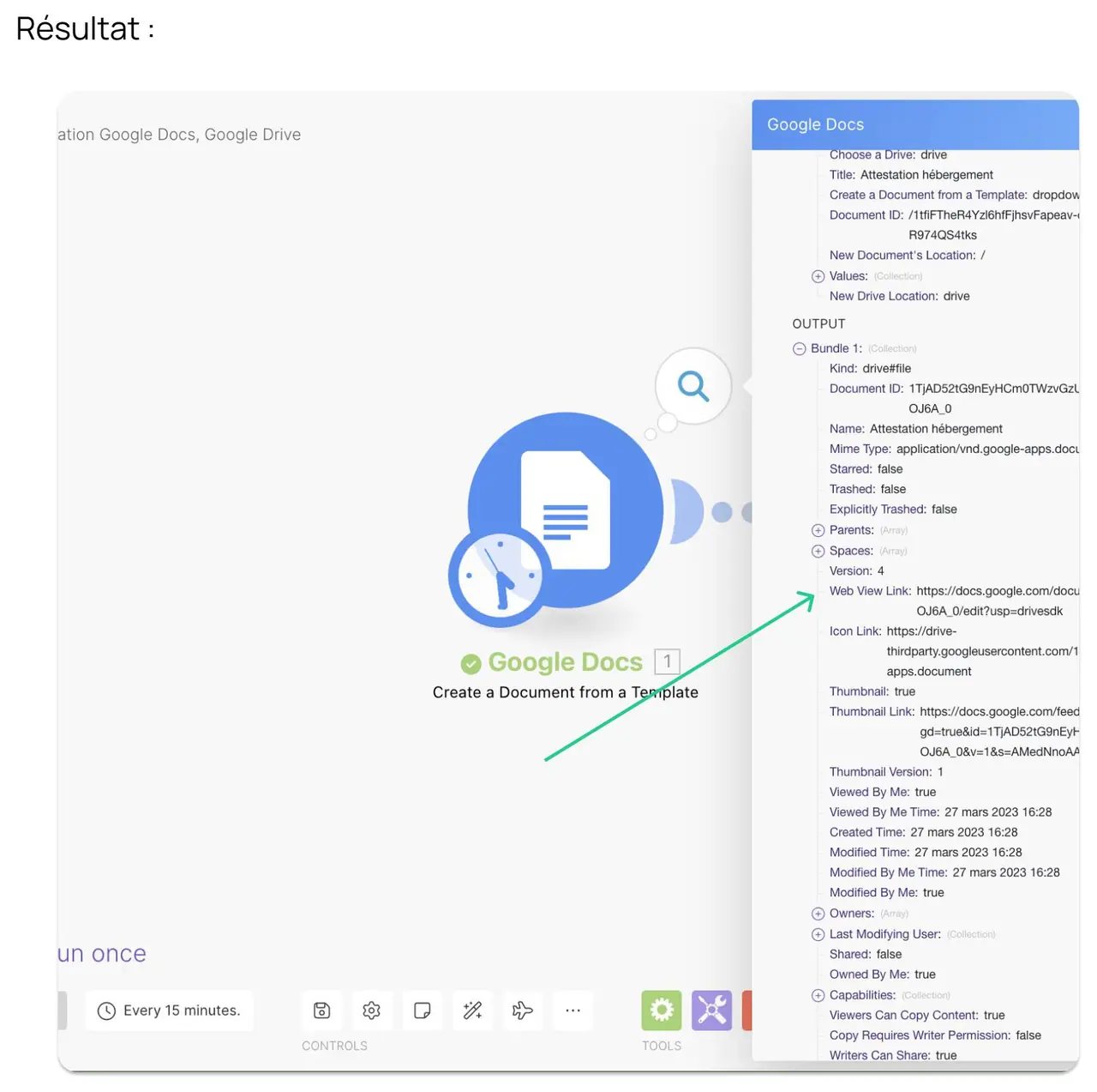 Le resultat de l'execution dans Make, avec le lien du document cree.
