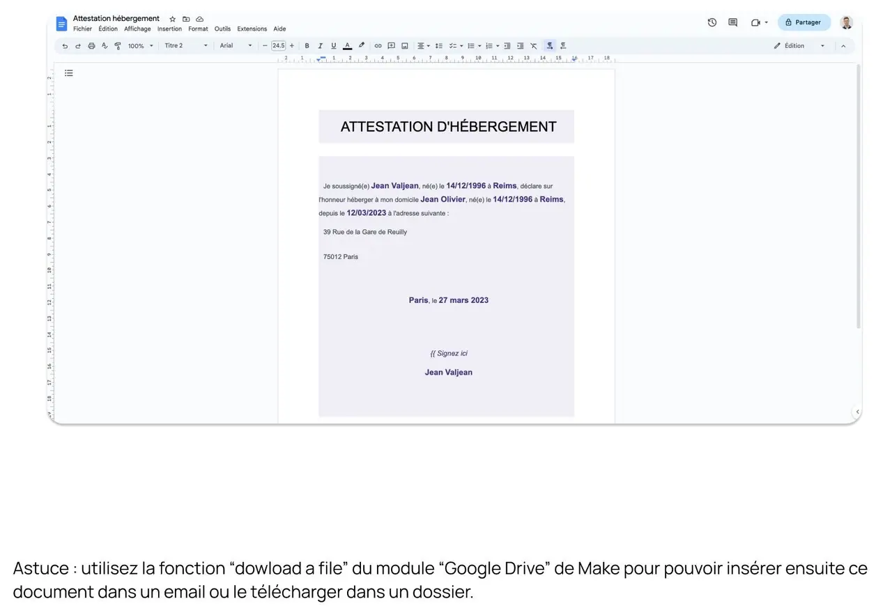 L'attestation d'hebergement produite, ouverte dans Google Docs.