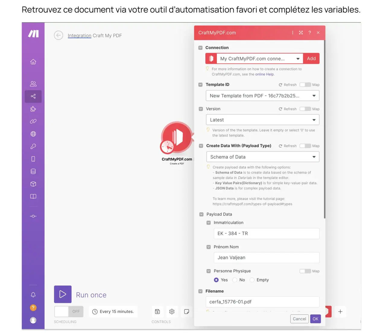 Le module Craft My PDF dans Make, son modele et les champs a remplir.